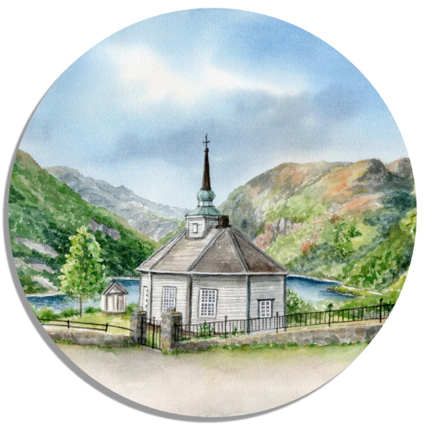 Coasters glass coasters 9,5 x  9,5 cm watercolor art print Norway Norge Geiranger Fjord Church